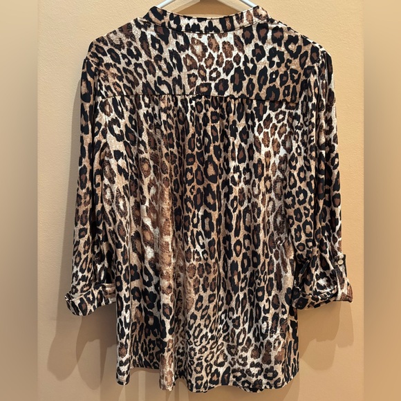 New Directions Brown and Black Leopard 3/4 Sleeve Notched Collar Blouse Size 1X - Picture 6 of 9